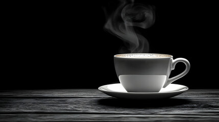 Obraz premium Steaming Coffee in White Cup on Dark Wooden Table