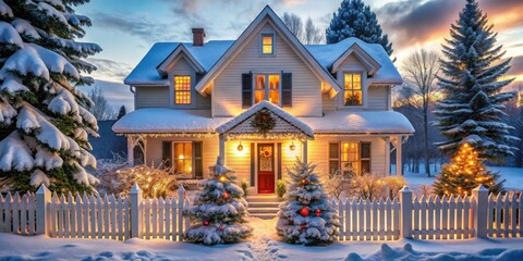 Fototapeta premium A snow-covered home with a white picket fence is lit up with Christmas lights, creating a magical winter wonderland.