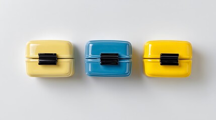 Three colorful boxes line up on a plain white background, each with a black clasp feature