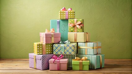 Obraz premium A Colorful Collection of Wrapped Gifts Arranged in a Pyramid on a Wooden Surface Against a Green Background
