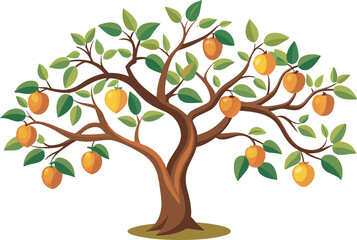 Obraz premium A vibrant vector art illustration depicting a lush, pruned tree laden with colorful fruits, symbolizing growth, abundance, and careful cultivation.