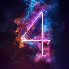 The glowing neon number 4 in bright pink and blue tones with the image of smoke on a dark background embodies creativity and energy.