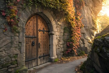 Fototapeta premium Wooden door in stone wall with ivy and path leading into the light of a magical place outdoors