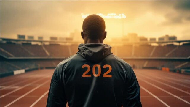 A man wearing a black jacket with the number 202 on it stands on a track. The image has a mood of determination and focus, as the man looks ahead with a serious expression