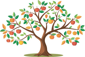 Obraz premium A vibrant vector art illustration depicting a lush, pruned tree laden with colorful fruits, symbolizing growth, abundance, and careful cultivation.