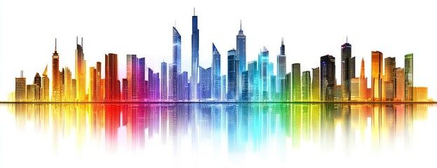 Vibrant cityscape reflected in water, showcasing colorful skyscrapers