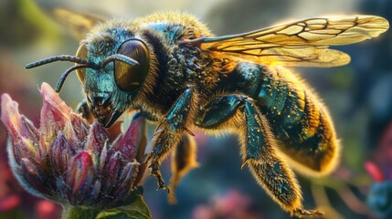 Close up of a bee on a flower, highlighting its detailed fuzziness and nature s vivid colors