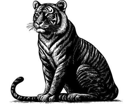 Tiger sitting intricate engraving majestic pause jungle art 807