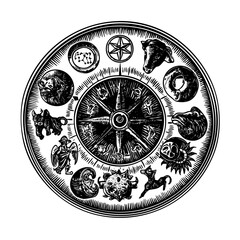 Astrological symbols engraving zodiac wheel mystic ACC