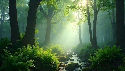 Obraz premium Enchanting Misty Forest with Flowing Stream - Nature's Tranquil Beauty