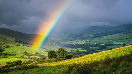 Rainbow over lush green hills and valleys
