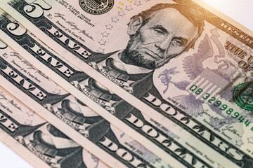 Banknote 5 dollars of the United States of America for design purposes. Money of the United States of America. Elements of paper bills.