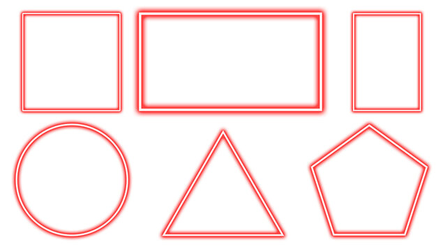A collection of neon-outlined geometric shapes including circles squares rectangles triangles and pentagons on a white background symbolizing modern digital design.	