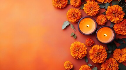 Flat lay of orange marigolds and two candles on an orange background with copy space on the left