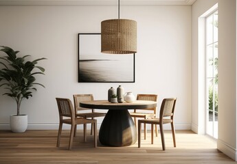Serene Dining Room: This photo captures the essence of modern design. With neutral tones, a wooden table surrounded by chairs, and a woven lamp. It evokes tranquility.