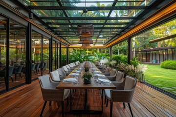 Modern Dining Terrace with Glass Ceiling, Greenery, and Beige Table Setting
