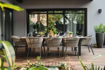 Minimalist Outdoor Terrace Dining with Rattan Furniture, Gray Walls, and Black Windows