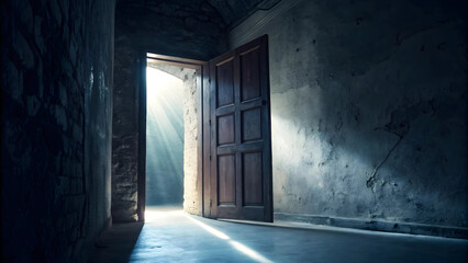 Obraz premium Open wooden door in a dark hallway with light streaming through the doorway and textured walls