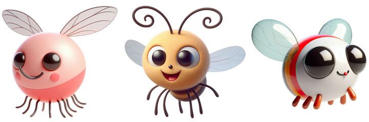 Naklejka premium Three cartoon bug characters with big eyes and different color schemes on a black background