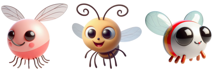 Three cartoon bug characters with big eyes and different color schemes on a black background