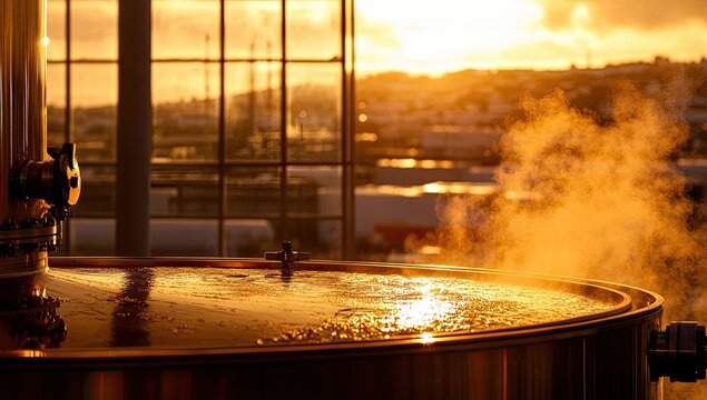 Sunset-lit brewery vessel steams, reflecting golden light