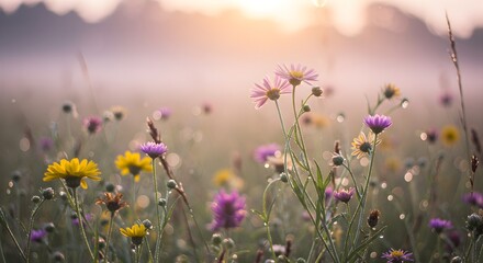 Fototapeta premium Misty Morning Meadow A Vibrant Wildflower Bloom at Sunrise