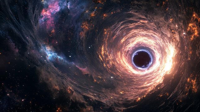 A swirling nebula surrounding a black hole in space.