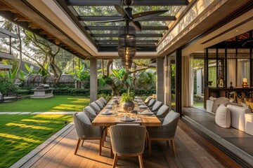 Modern Dining Terrace with Glass Ceiling, Greenery, and Beige Table Setting