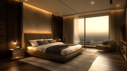 A modern business hotel room with a sleek workspace, a comfortable bed, and warm lighting.