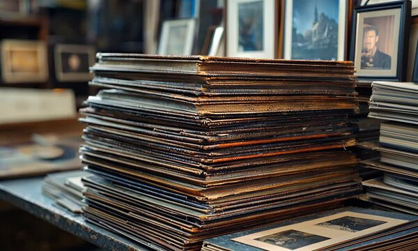 Stack of Brown and Gold Vintage Photo Frames on a Shelf with Blurred Background in Antique Aesthetic