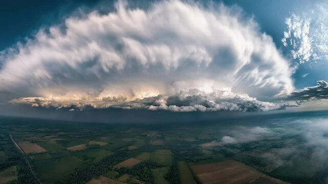 A dramatic view from above of a cloud storm rolling in over vast, open fields.