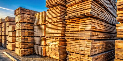Stacked Wooden Planks Arranged In A Geometric Pattern Against A Clear Blue Sky With Golden Light Reflecting Off The Surface Of The Timber