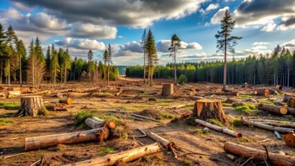 The aftermath of logging in a pine forest, showcasing the stumps and felled trees, with a few towering pines remaining standing in the distance, under a cloudy sky.
