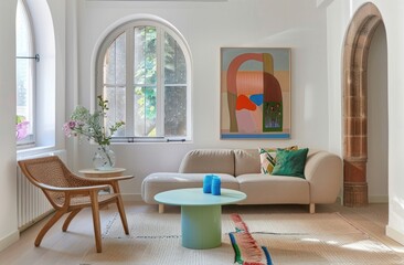 Pastel Living Room with Arched Window, Wooden Furniture, and Vibrant Artwork Decor