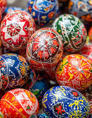 Colorful pysanky (decorated Easter eggs) with intricate wax-resist designs are displayed, representing a cherished Ukrainian tradition.