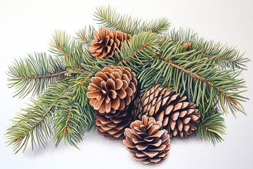 Lush evergreen branches adorned with three large pine cones