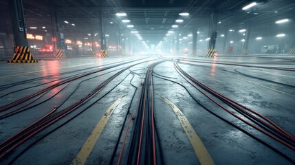 Obraz premium A large industrial warehouse interior with numerous cables running across the floor and bright overhead lighting.
