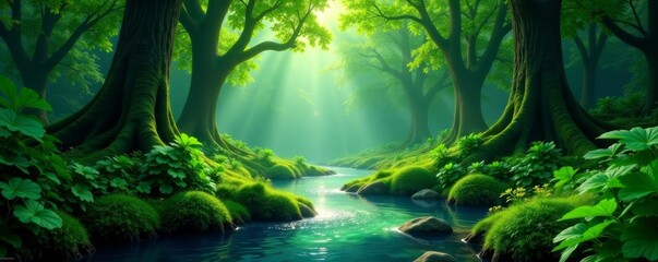 Obraz premium Magical forest with lush green foliage and flowing river, hd, aesthetic