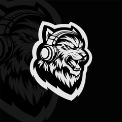 Wolf with headphone mascot animal esport illustration logo design, black white