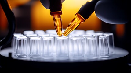 Laboratory scene showcasing precision pipetting into clear sample vials under warm lighting