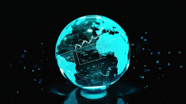 close-up of a spinning laser-etched glass globe studio, glowing neon lines, upward-trend stock graphs technical indicators. Smooth dolly, cool blue green tones, cinematic, subtle particle effects