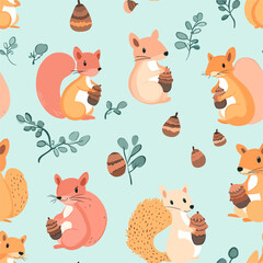 Seamless pattern with funny cartoon animals vector design featuring squirrels with acorns for fun farm art character illustration