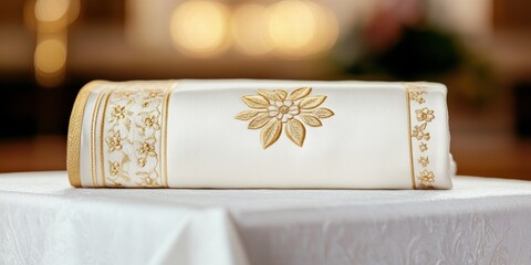 religious garments, white papal vestments with golden embroidery neatly folded on a ceremonial table with a blurred catholic church in the background