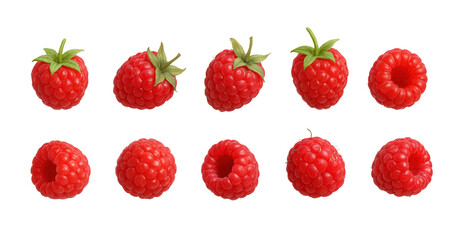 Set of fresh raspberries rotating on transparent background