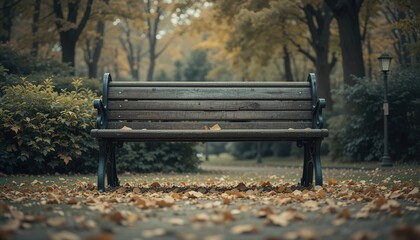 Solitary Bench in Autumn Park with Fallen Leaves and Soft Light