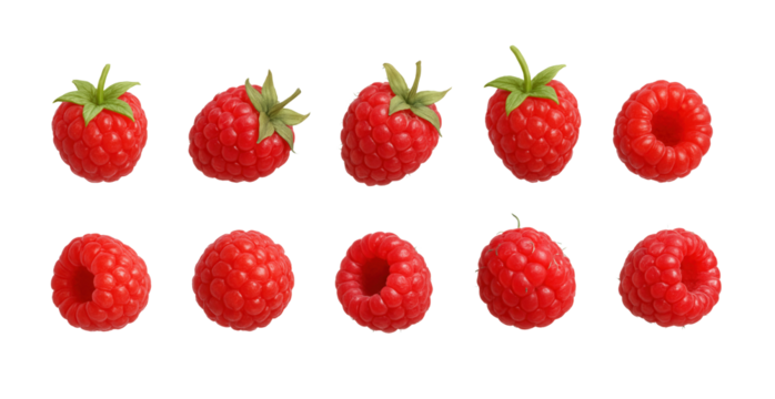 Set of fresh raspberries rotating on transparent background