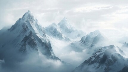 Obraz premium Snowy mountain peaks shrouded in mist and clouds, a serene winter scene