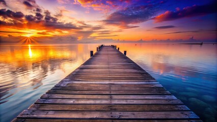 Naklejka premium A wooden pier extending into calm, still water reflecting a vibrant sunrise with colorful clouds in the sky.