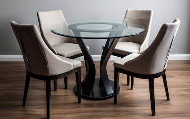 Elegant Dining Set: A stylish dining room featuring a modern round glass table and four complementary chairs, creating an inviting space for meals and gatherings.