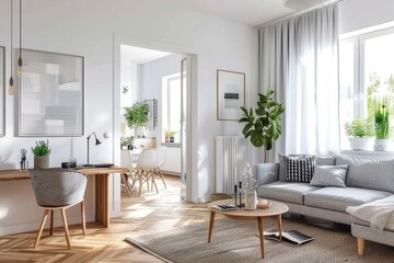  Scandinavian Modern Living Room with White Walls, Wooden Floor, Grey Sofa, and Minimalist Decor